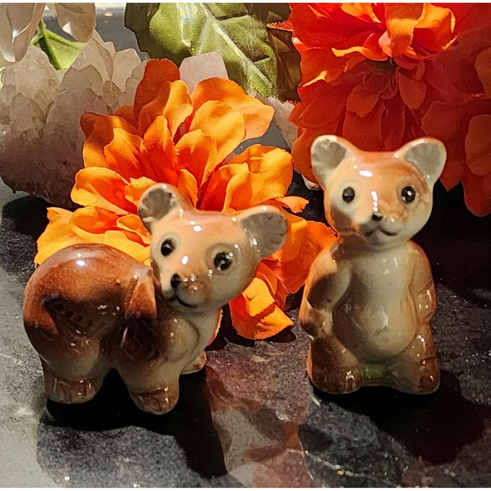 Vintage Ceramic Bear Figurines Mid-Century Brown Glazed Pair Japan Miniatures